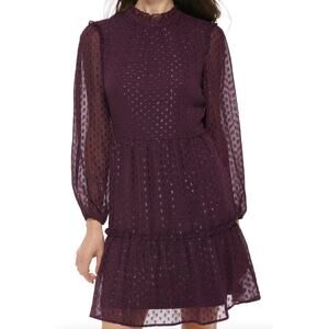 Tommy Hilfiger Plum Glitter Knee Fit & Flare Dress Dot Chiffon Tiered Size 12